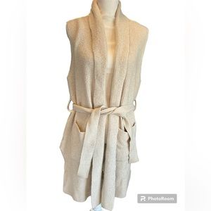 LOFT Cream Knit Long Vest with Waist Tie & Pockets size XL